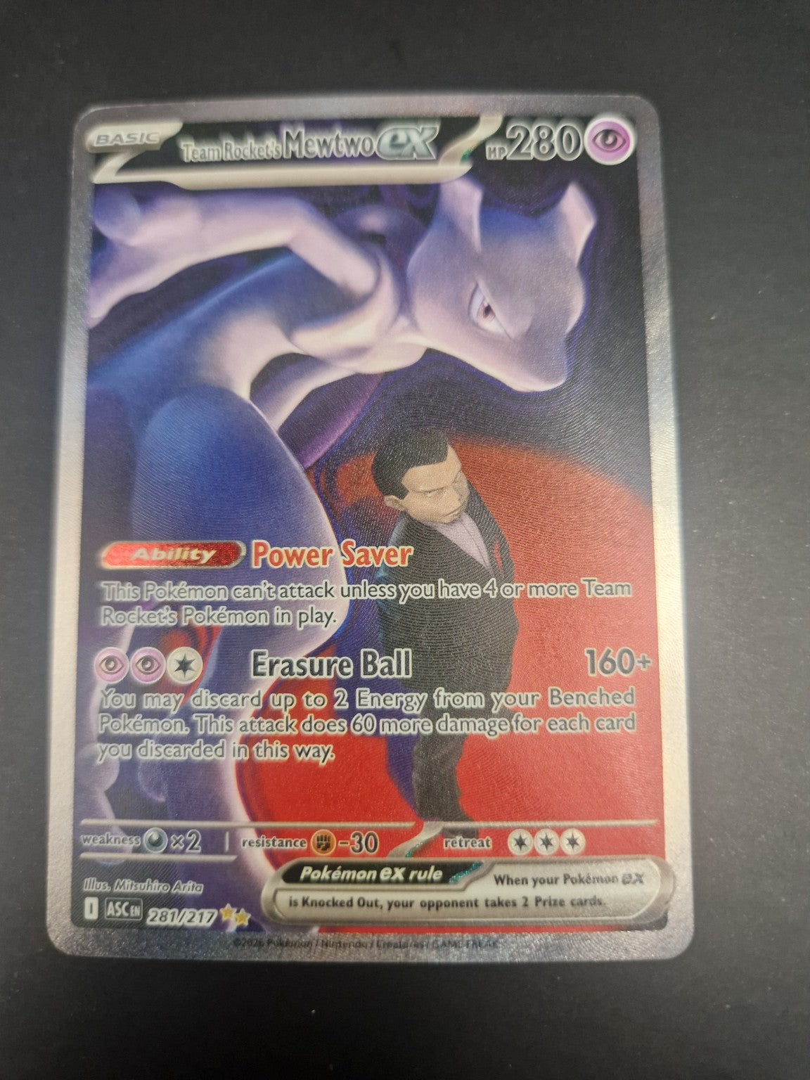 Team Rocket's Mewtwo ex 281/217 Special Illustration Rare Pokémon-kort forside