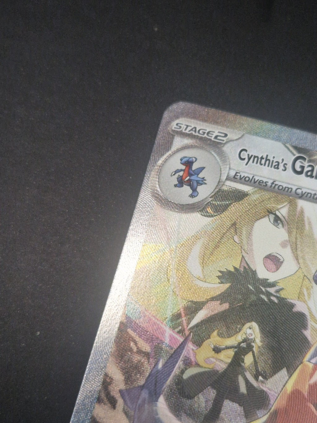 Nærbilde av øvre venstre hjørne på Cynthia's Garchomp ex SIR