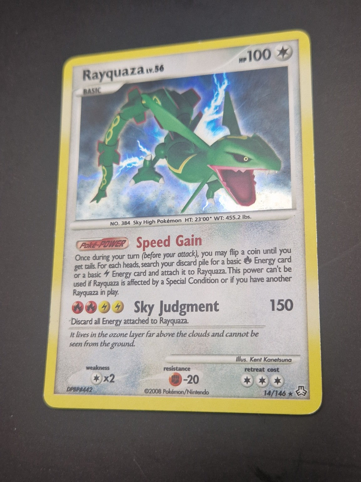 1. Forside av Rayquaza 14/146 Holo Rare fra Platinum: Supreme Victors.
