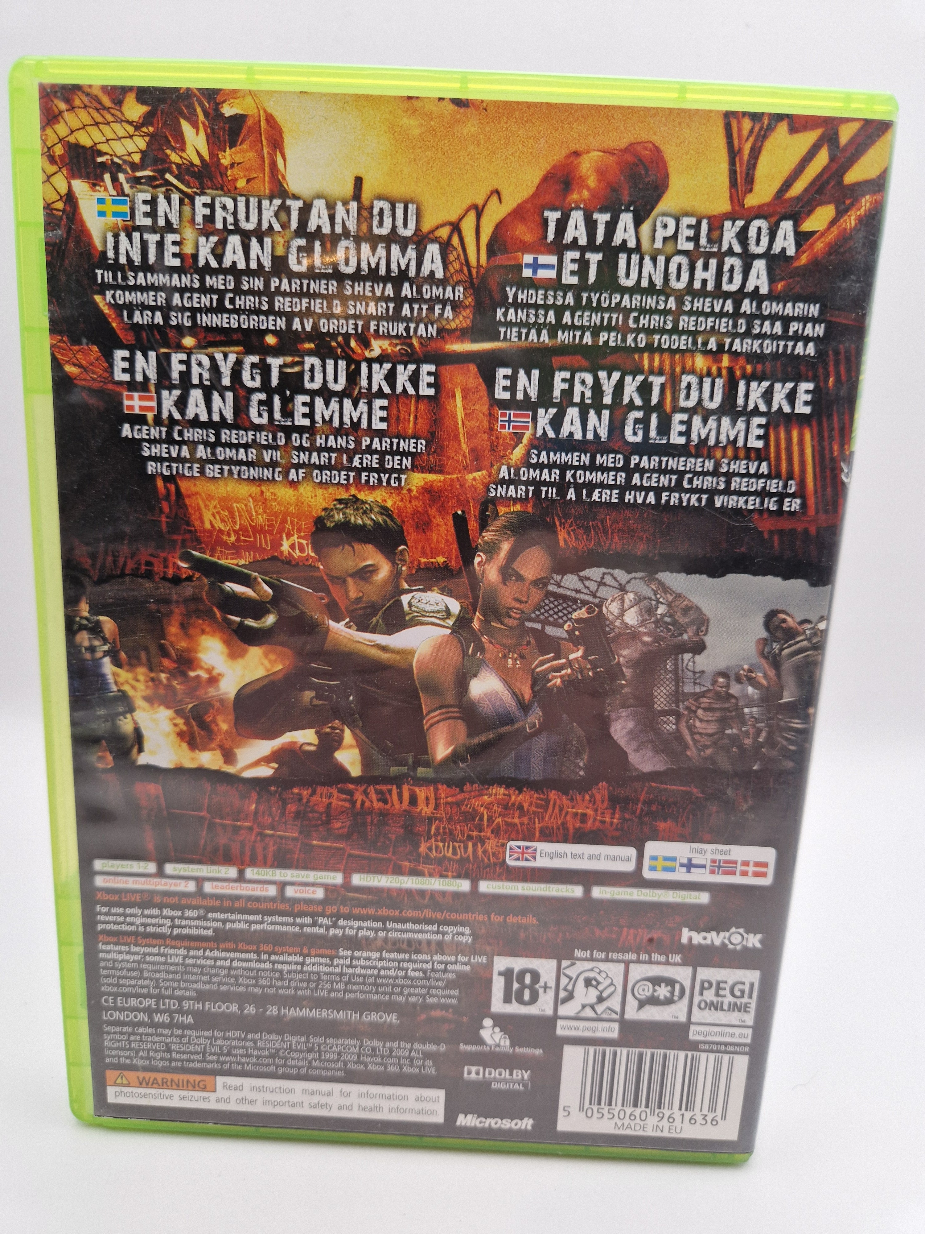 Resident Evil 5 bakside med spillinformasjon og PEGI 18