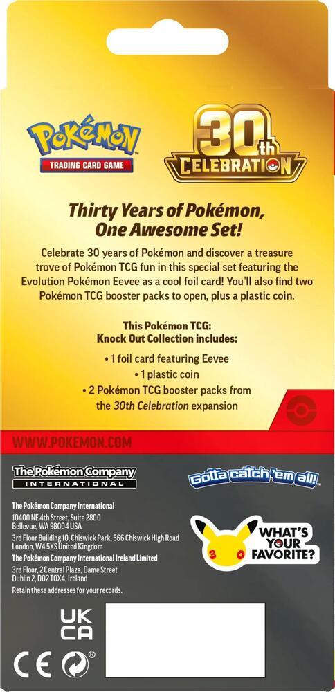 Pokémon TCG 30th Celebration Knock Out Collection med Eevee på bakside av emballasjen.