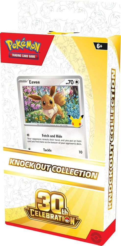 Pokémon TCG 30th Celebration Knock Out Collection med Eevee på forsiden av emballasjen.