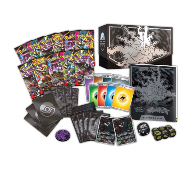 Pokémon Center Elite Trainer Box Mega Evolution Pitch Black med 11 boosterpakker og eksklusive Zarude-promokort.
